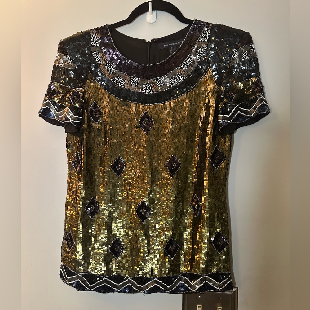 French Connection Gold and Black Sequin Blouse